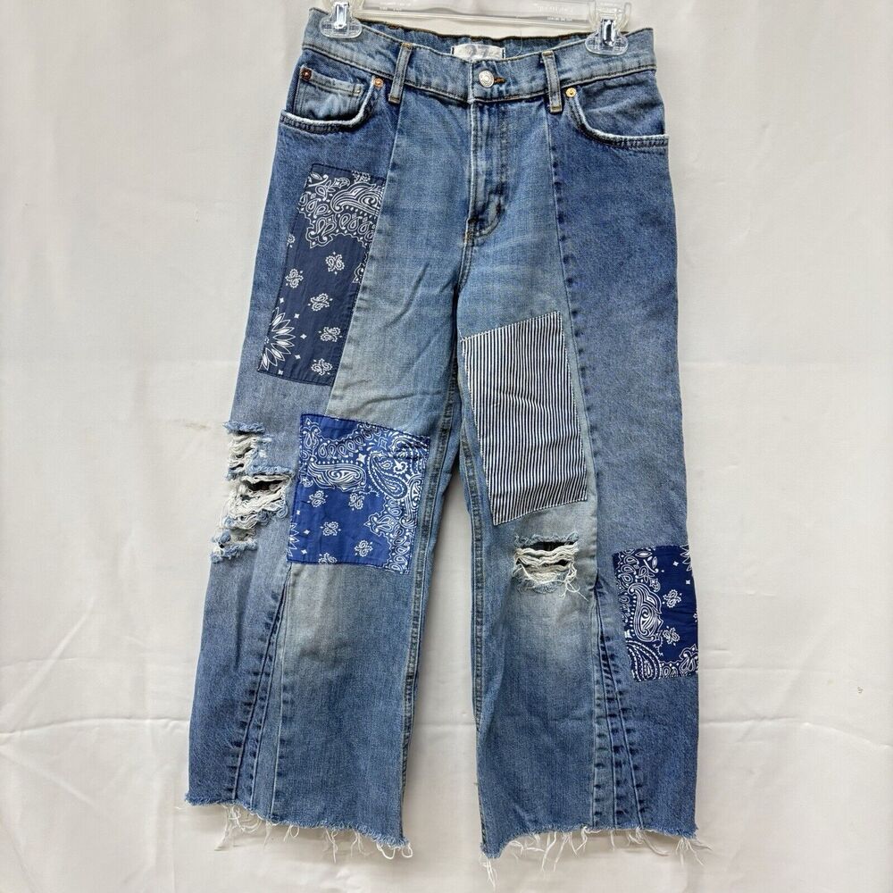 Free People We The Free Patchwork Wide-Leg Pieced Cropped Jeans Sz 27